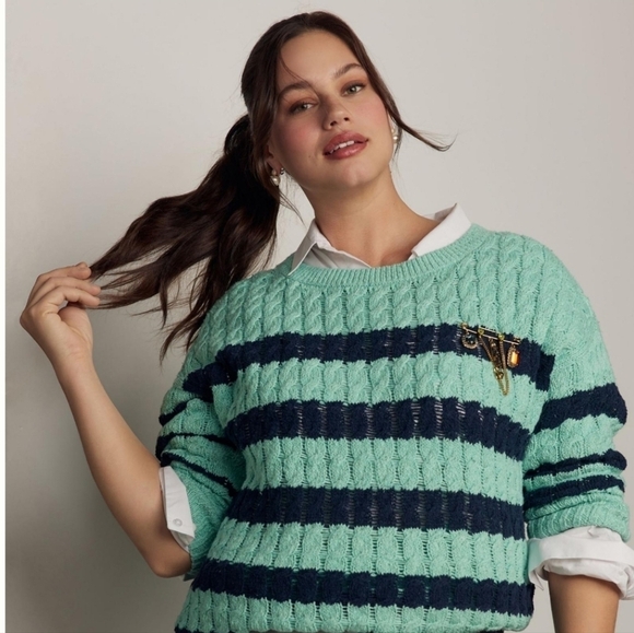 NWT Anthropologie Pilcro Longline Stitch Sweater in blue and green stripes - Picture 6 of 11